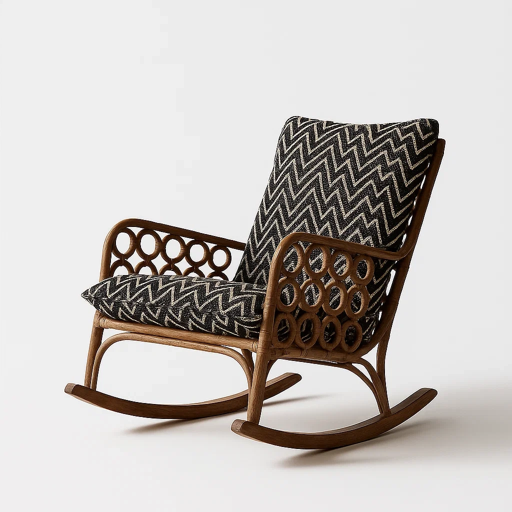 Sedie a dondolo in legno con cuscino motivo chevron nero bianco