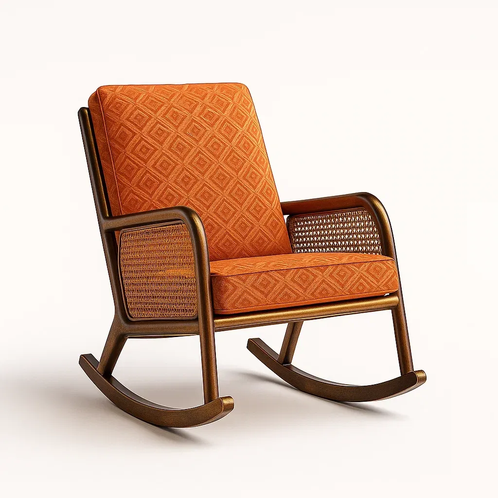 Sedie a dondolo in legno con cuscino in poliestere arancione