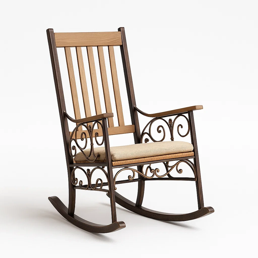 Sedie a dondolo in legno e metallo con cuscino in poliestere beige