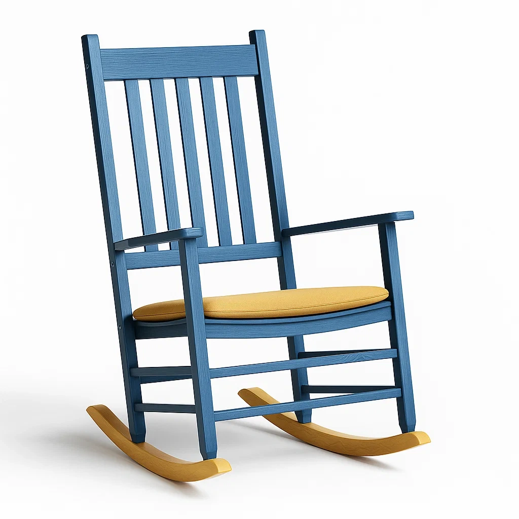 Sedie a dondolo in legno blu con cuscino giallo