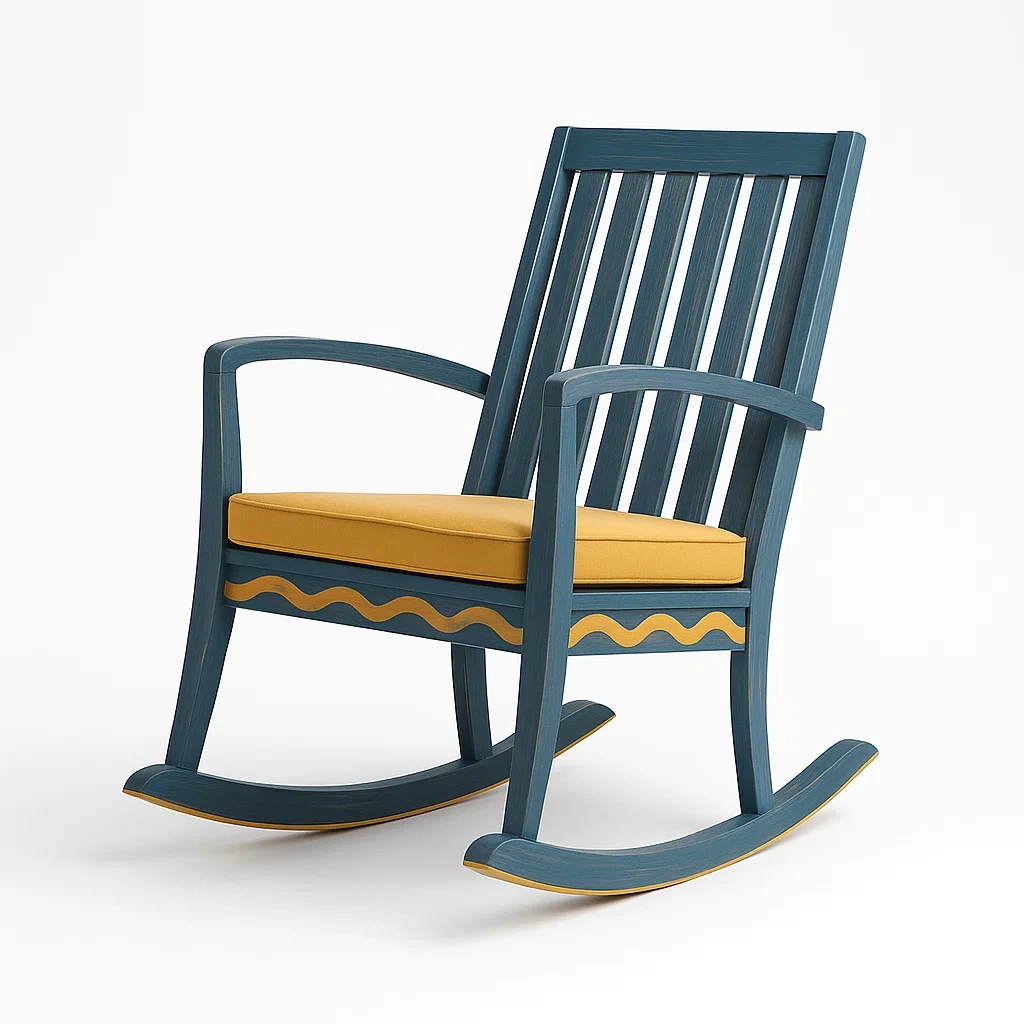 Sedie a dondolo in legno blu con cuscino in poliestere giallo