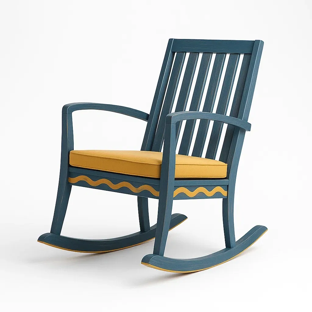 Sedie a dondolo in legno blu con cuscino in poliestere giallo