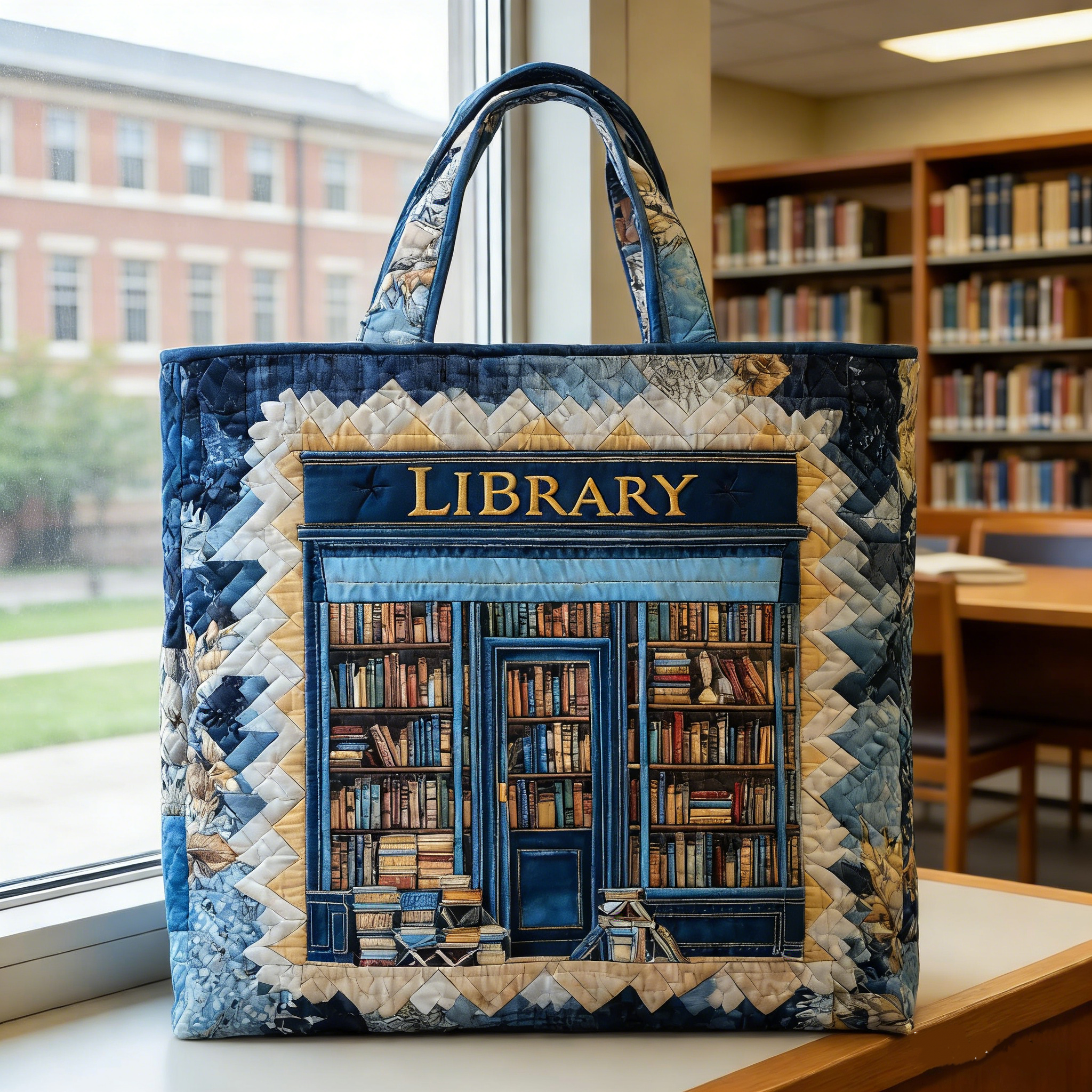 Navy Library Window Quilted Tote Bag