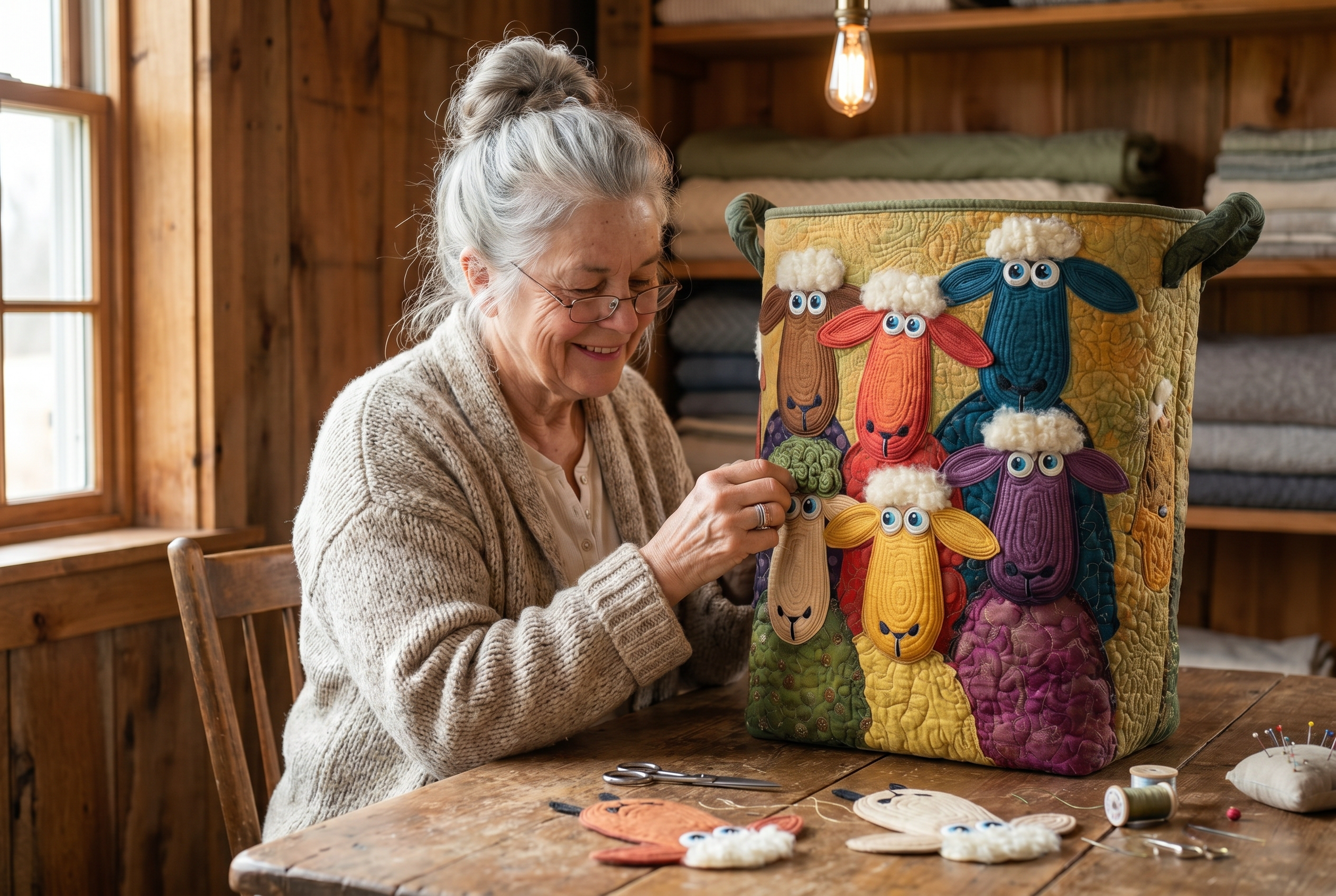 Marty at her worktable, placing each sheep appliqu&eacute; by hand