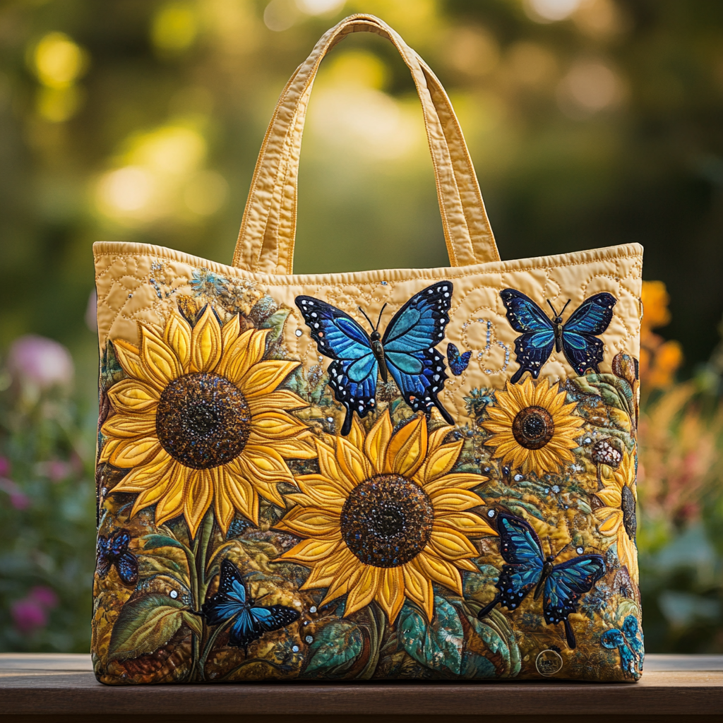 Sunflower and Butterfly Quilted Tote Bag