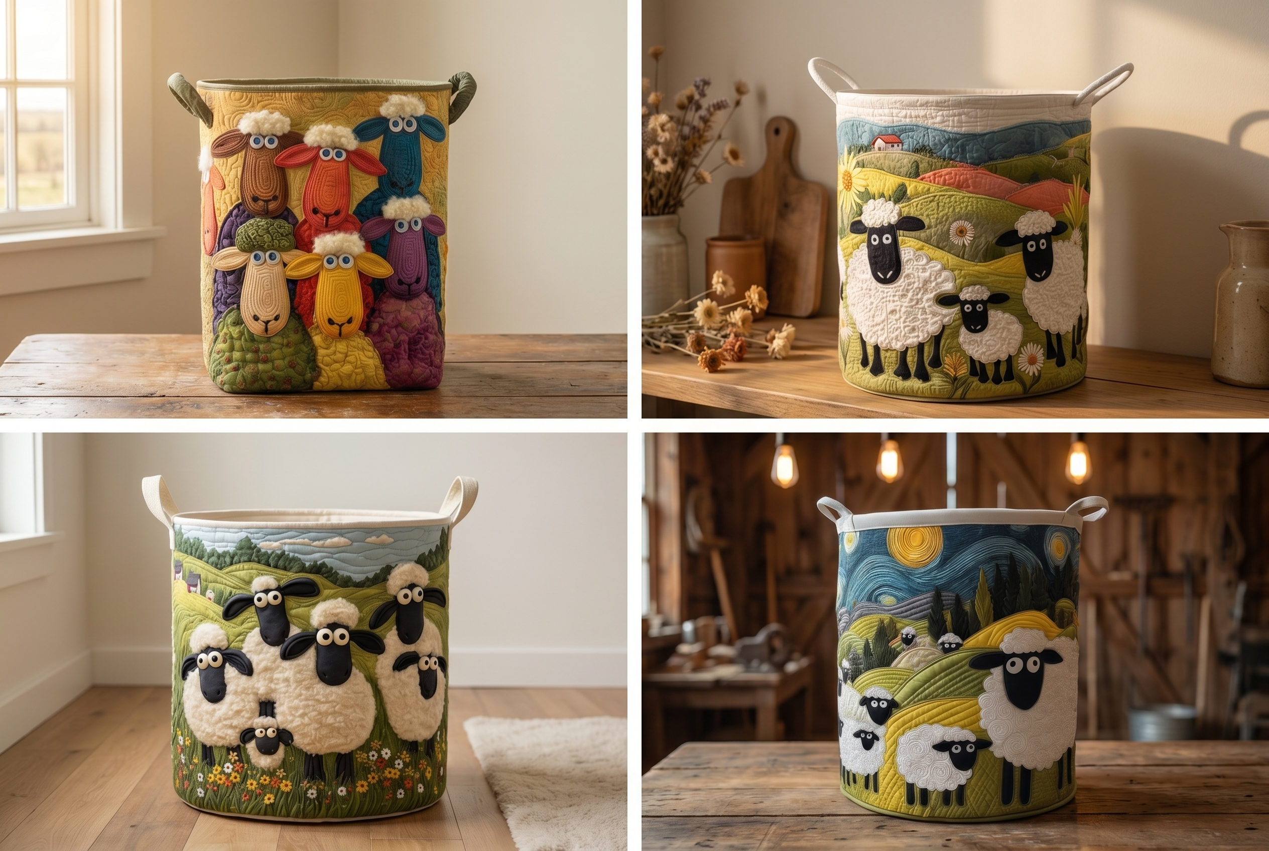 Four designs from Marty's final quilted sheep basket collection