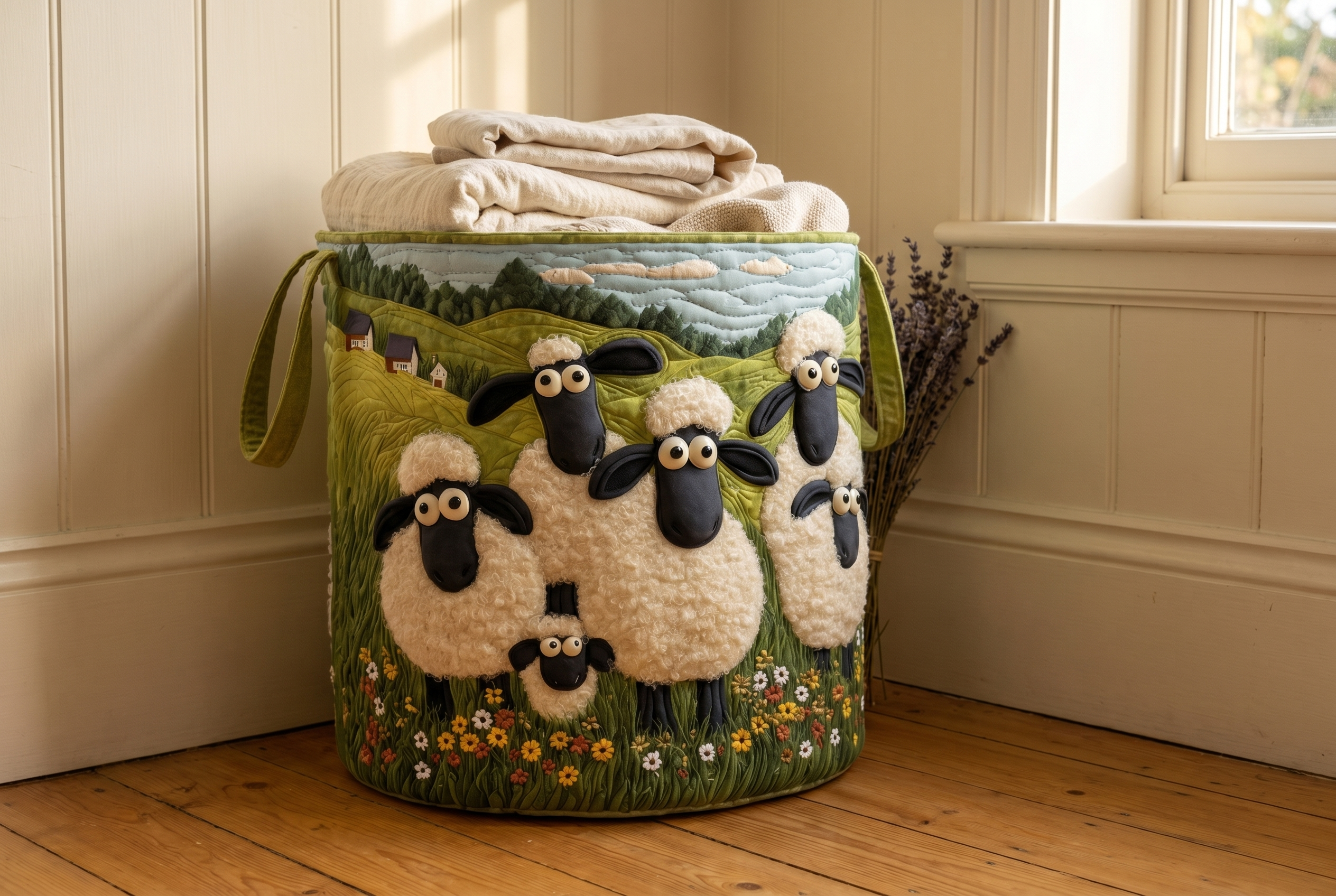 Marty's quilted sheep basket in a warm home setting