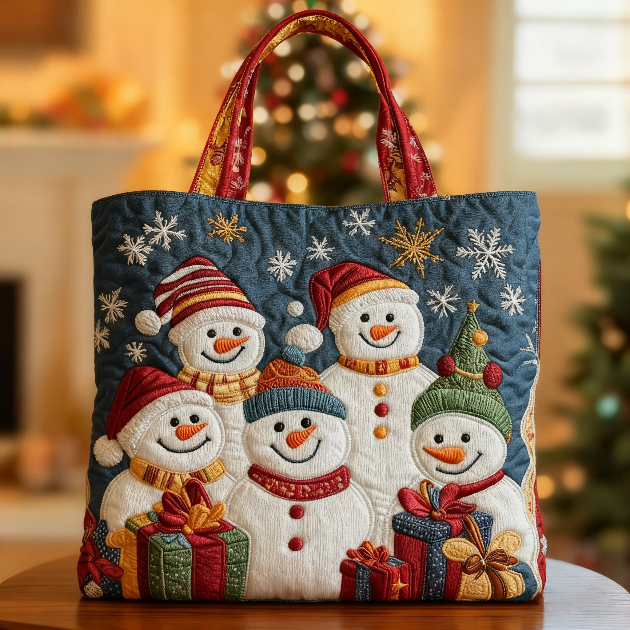 Merry Christmas Snowmen Quilted Tote Bag
