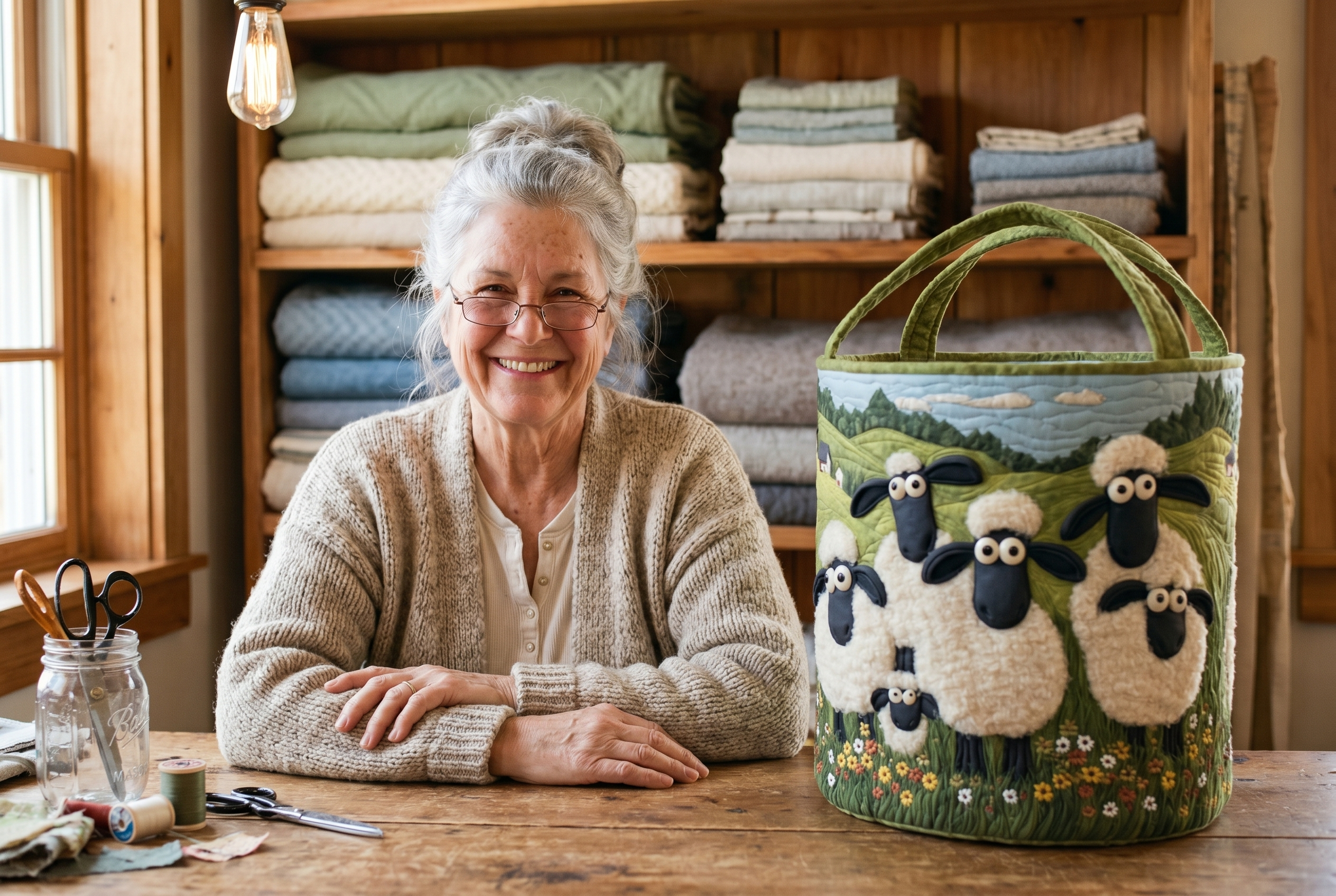 Martha 'Marty' Hensley (66) in her sewing barn &mdash; a quilted sheep basket at her side