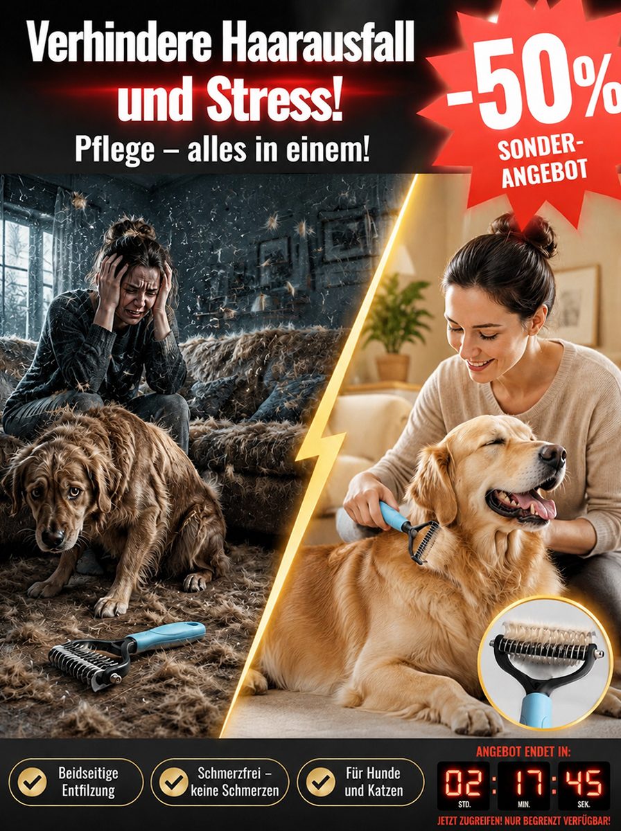 Professioneller doppelseitiger Haustierkamm – reduziert Haaren um 90%. Heute 1+1 GRATIS!