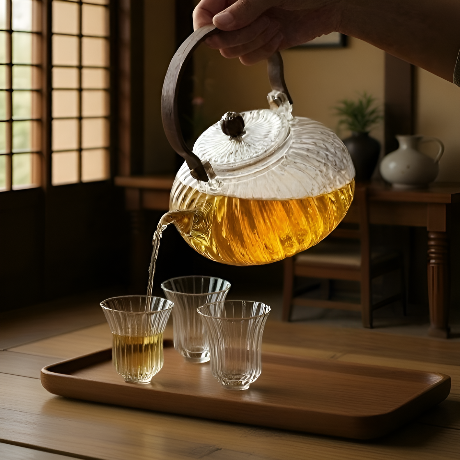 Heat-resistant glass teapot with ergonomic handle