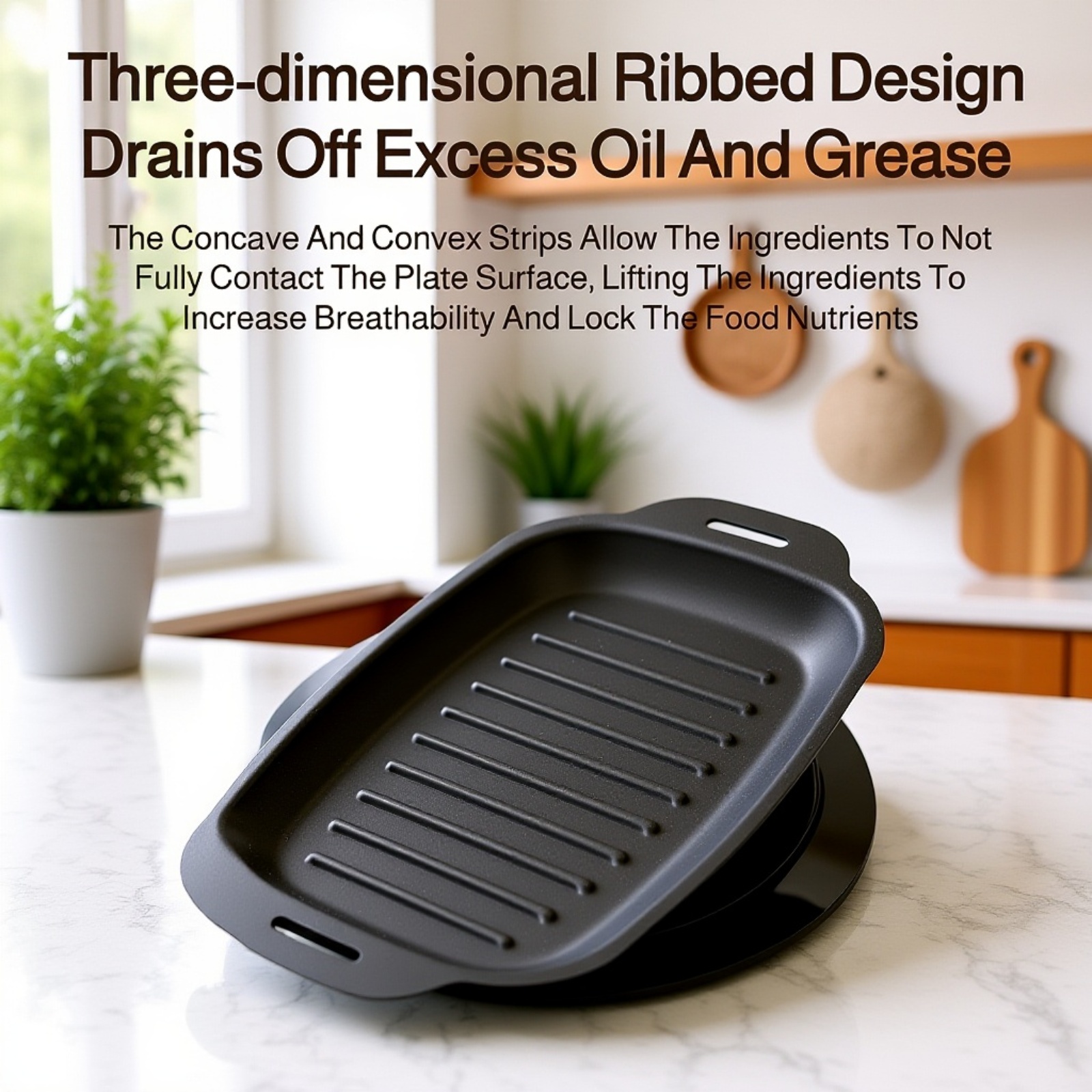 Rectangular non-stick black baking tray on kitchen counter