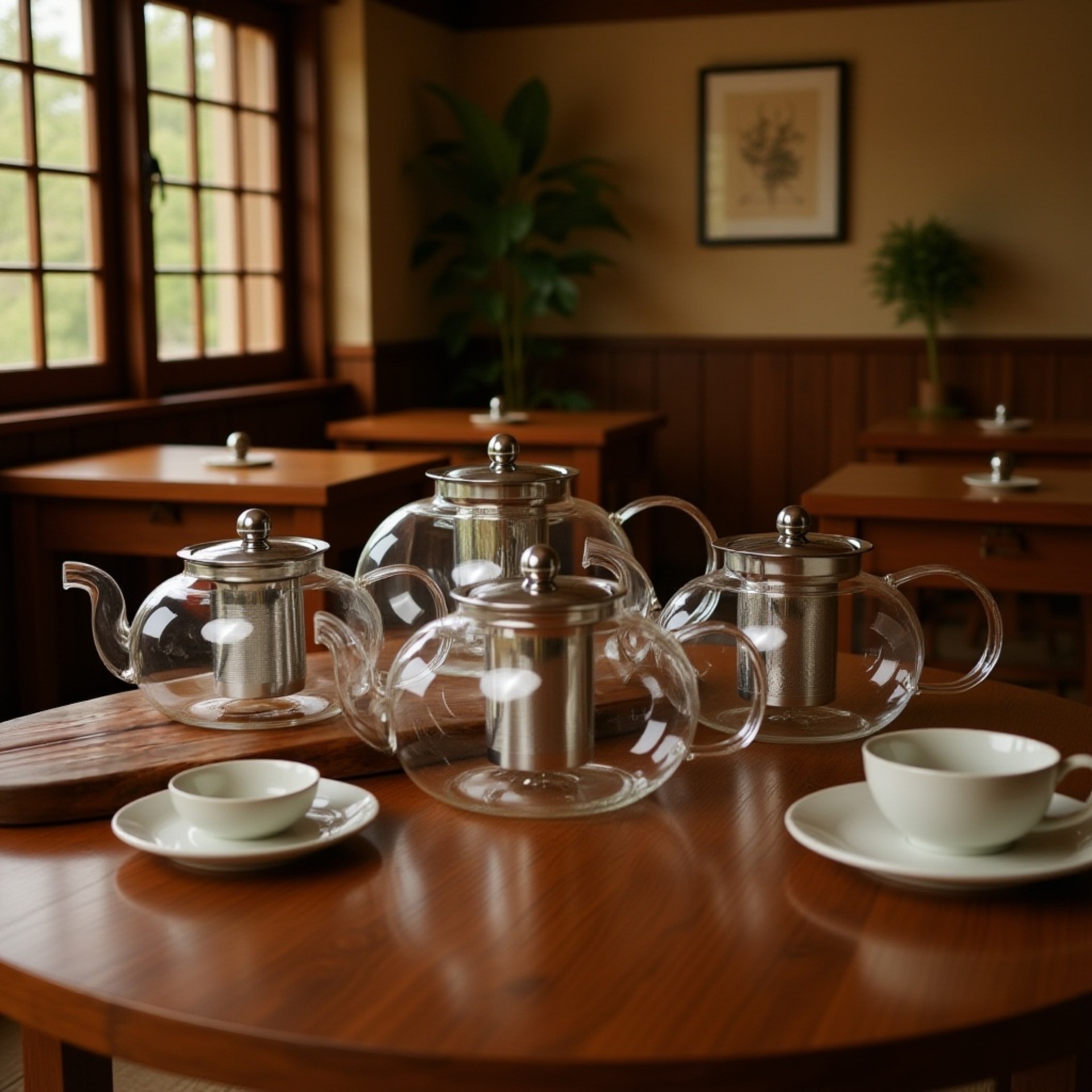Elegant stainless steel infuser inside glass tea pot