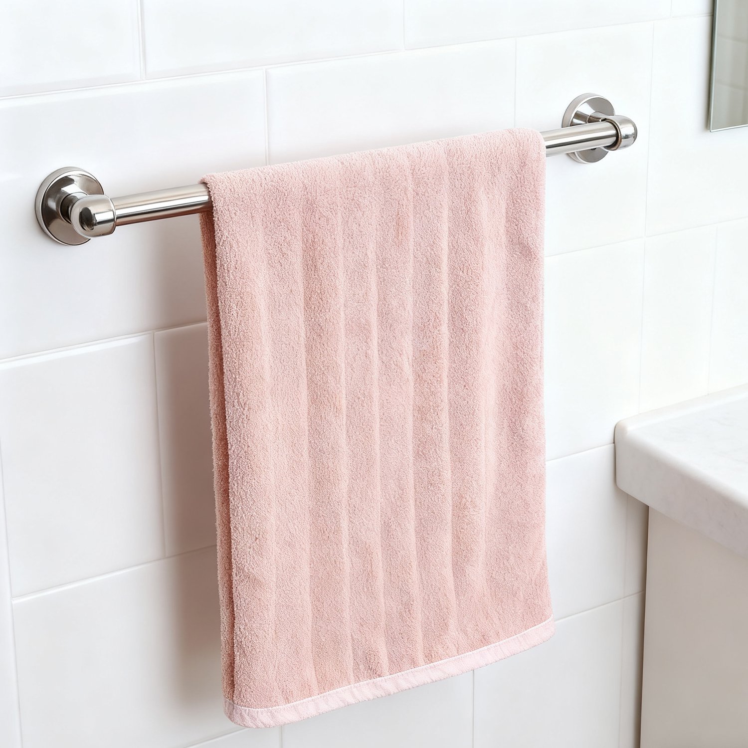 Quick drying coral fleece face towel on bathroom counter