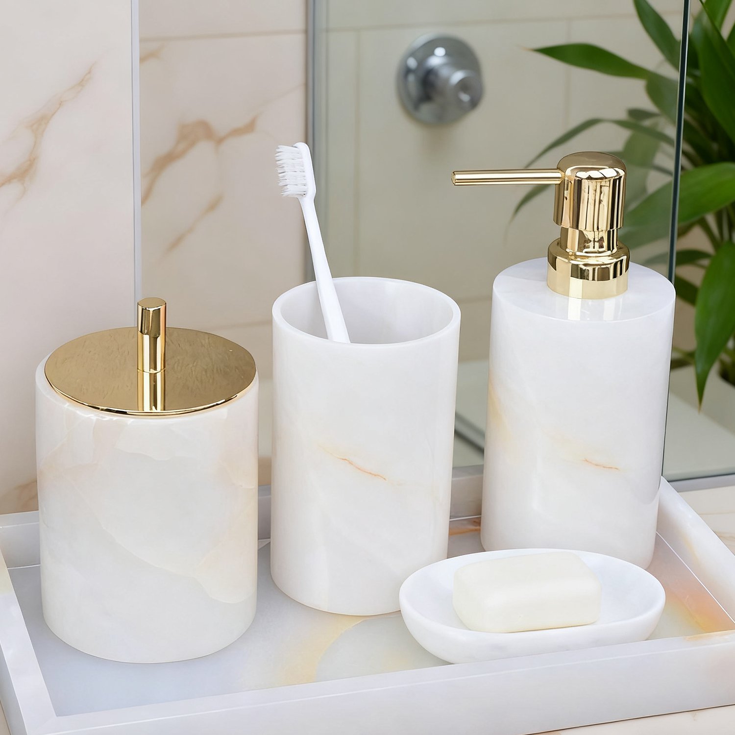 Marble resin bath set displayed on bathroom counter