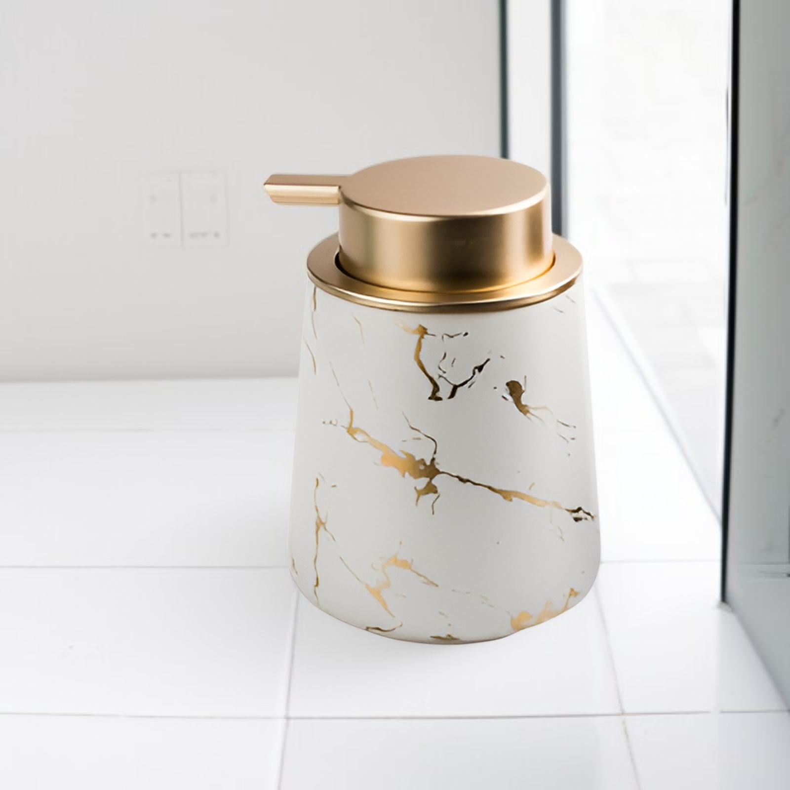 Modern bathroom with ceramic hand sanitizer dispenser