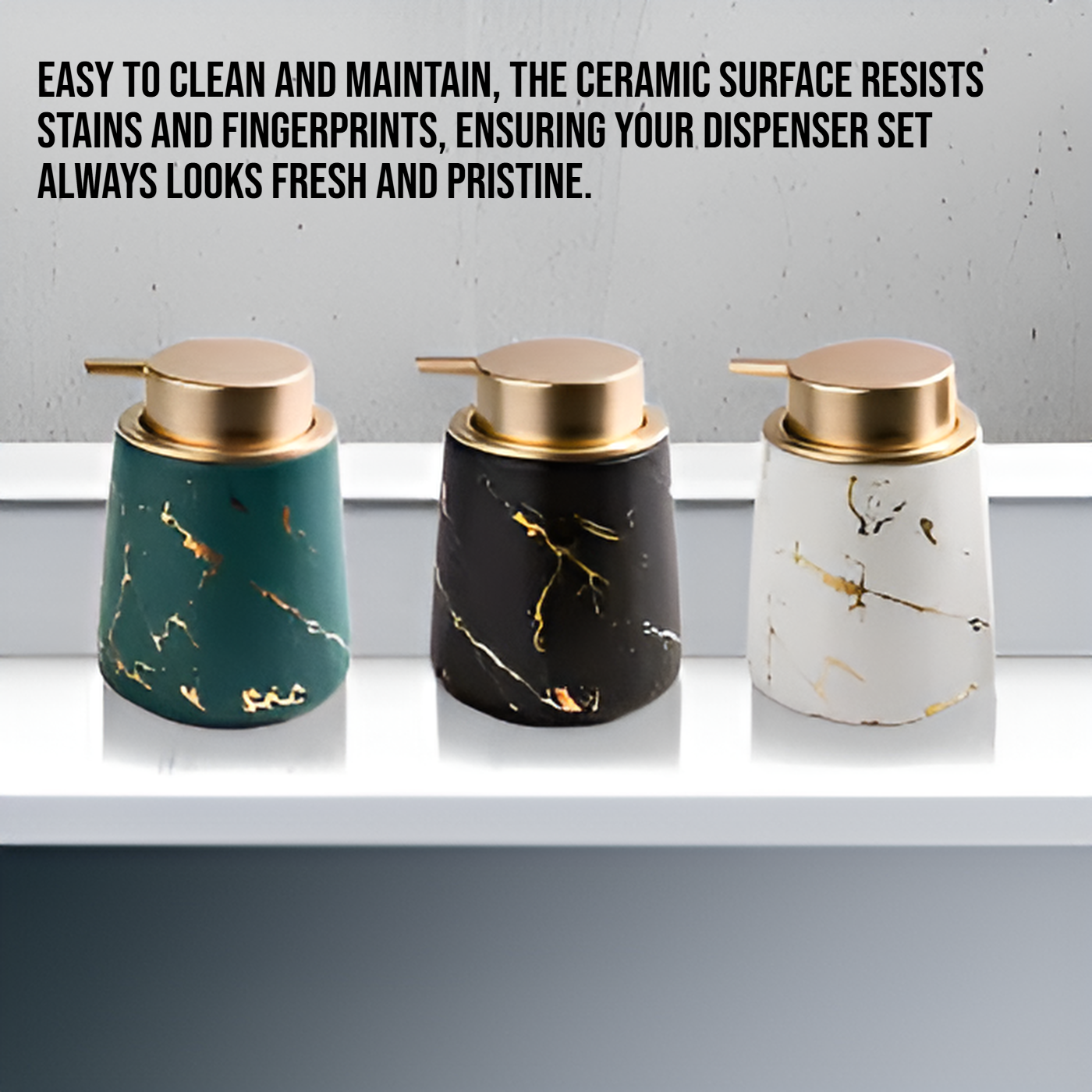 Close-up of refillable ceramic sanitizer bottle with pump