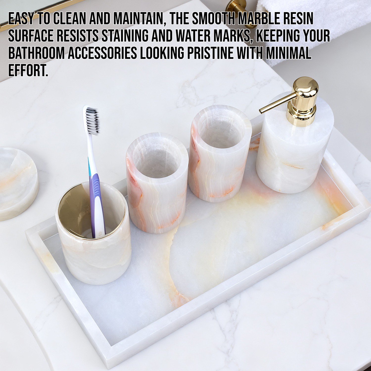 Elegant marble resin bathroom cup and soap box set