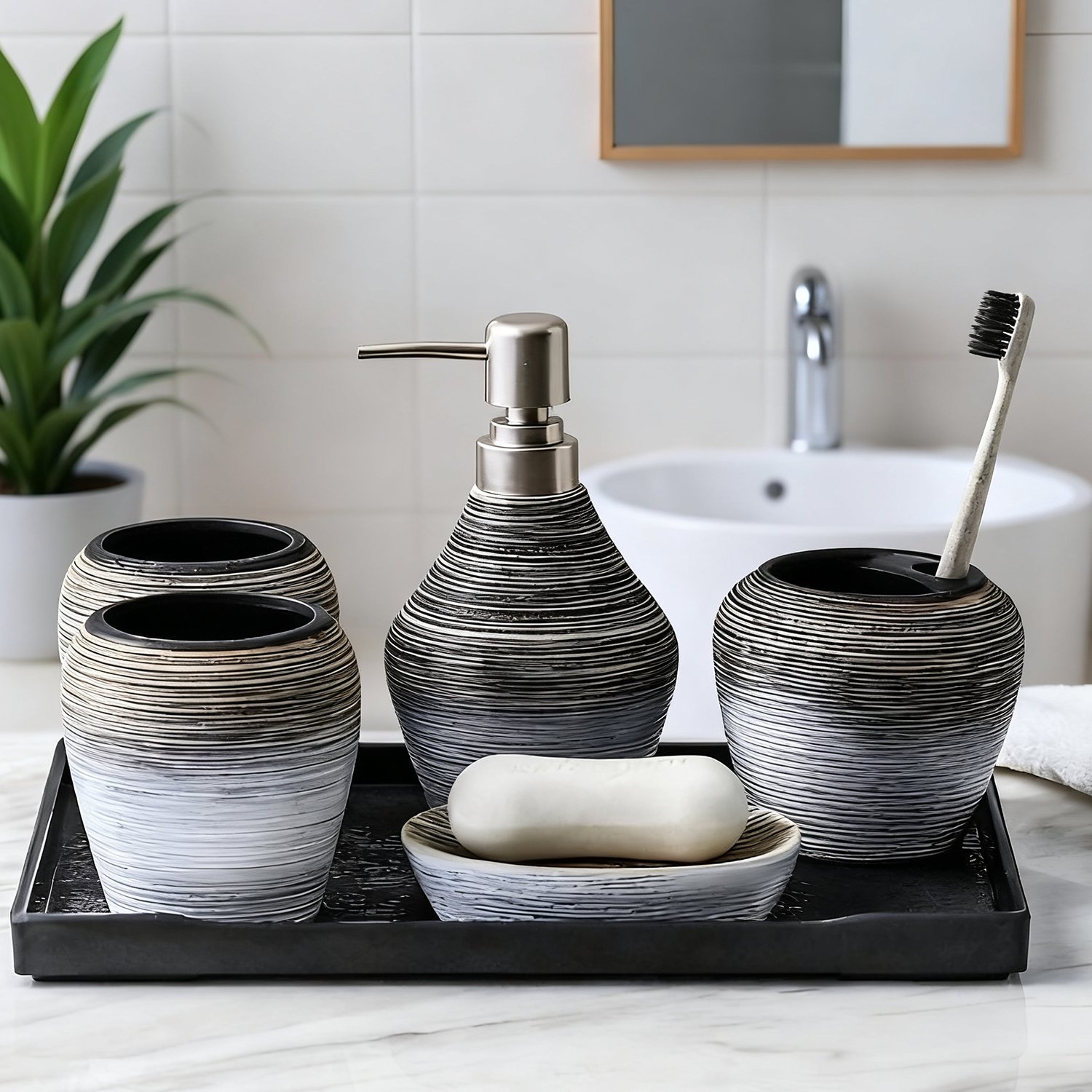 Stylish ceramic toothbrush holder and soap bottle