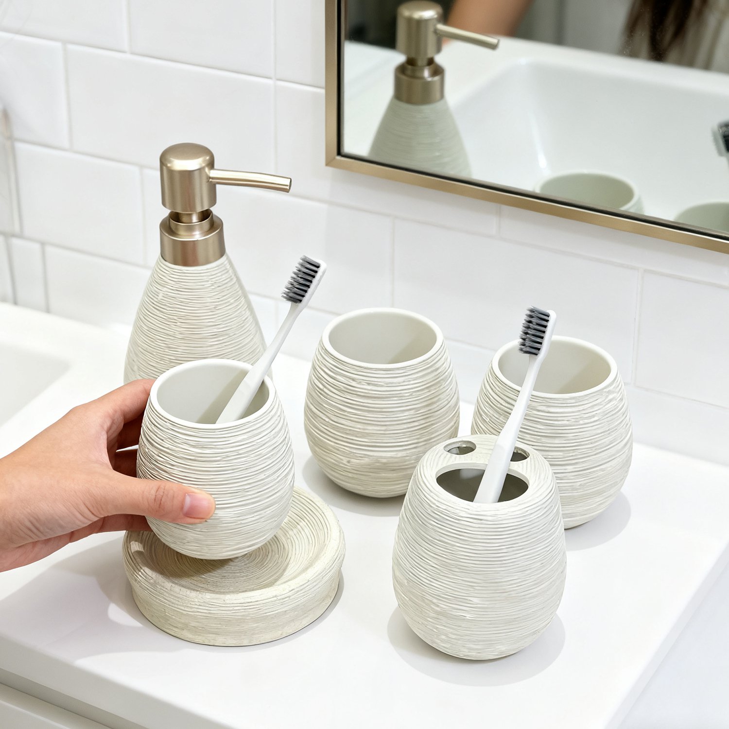 Bathroom decor with ceramic accessories set