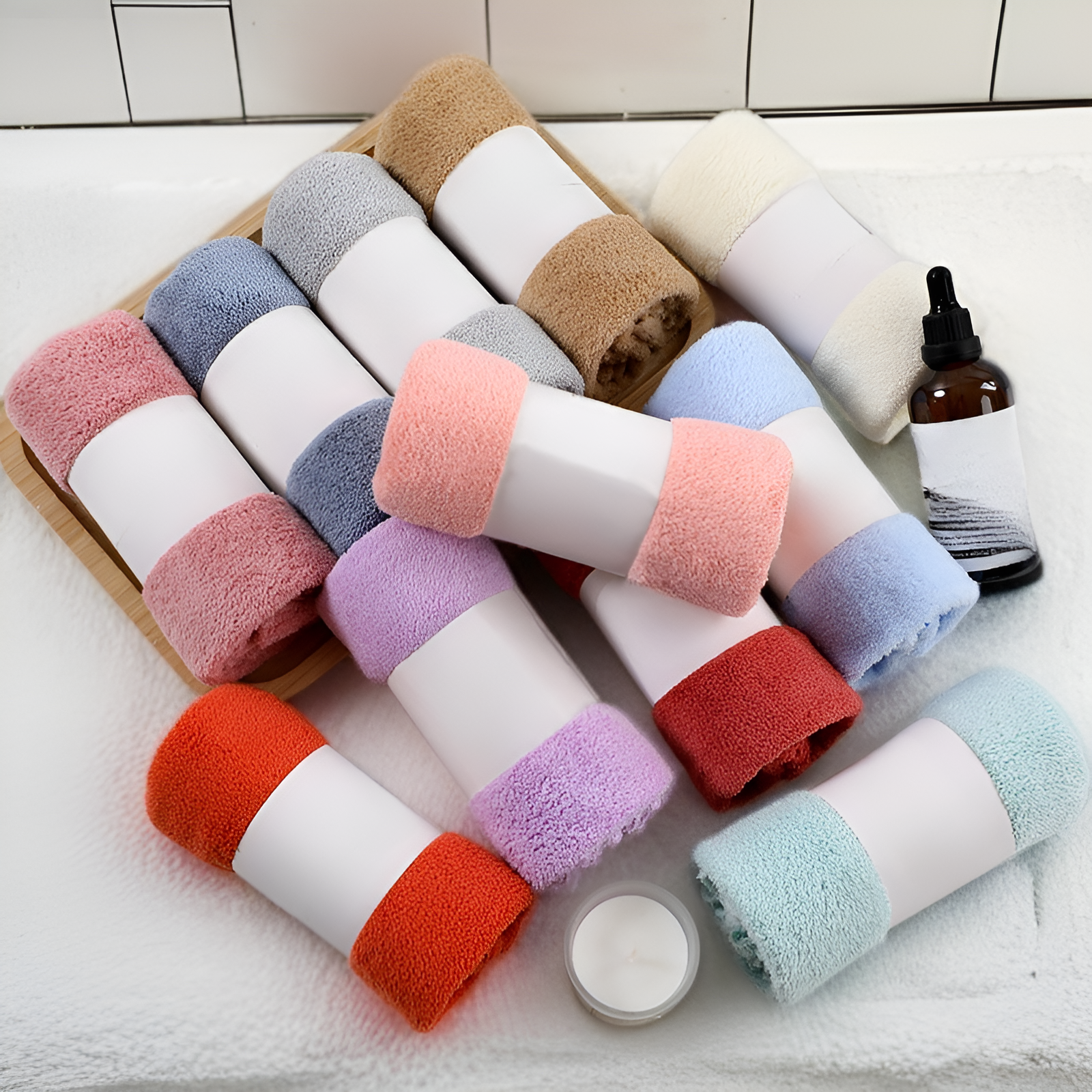 Stack of high density coral fleece face towels in assorted colors