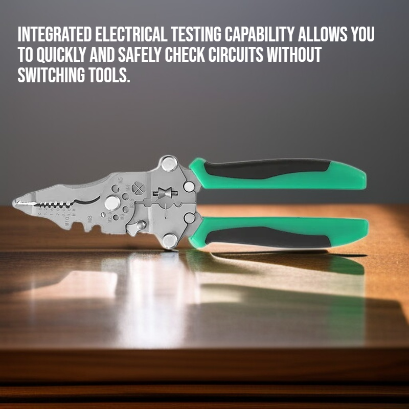 Multi functional folding wire stripping pliers with electrical testing capabilities
