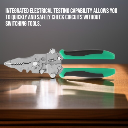 Multi functional folding wire stripping pliers with electrical testing capabilities