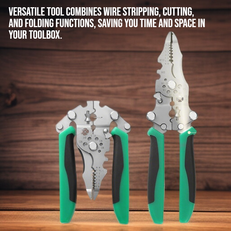 Multi functional folding wire stripping pliers with electrical testing capabilities