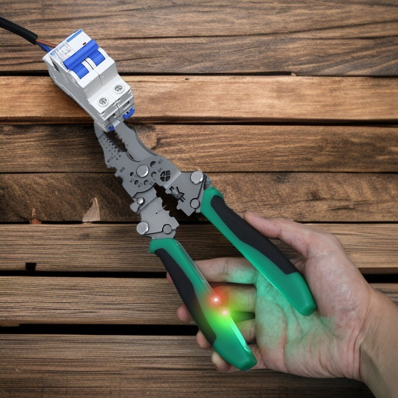 Multi functional folding wire stripping pliers with electrical testing capabilities
