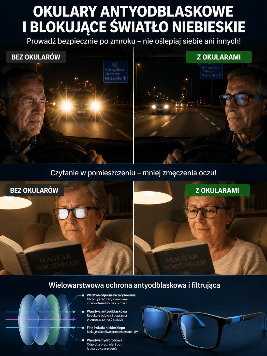 Inteligentne Okulary Progresywne 3w1 (Czytanie, Jazda, Ekran) - Nietłukące & Fotochromowe [-50% Wyprzedaż]