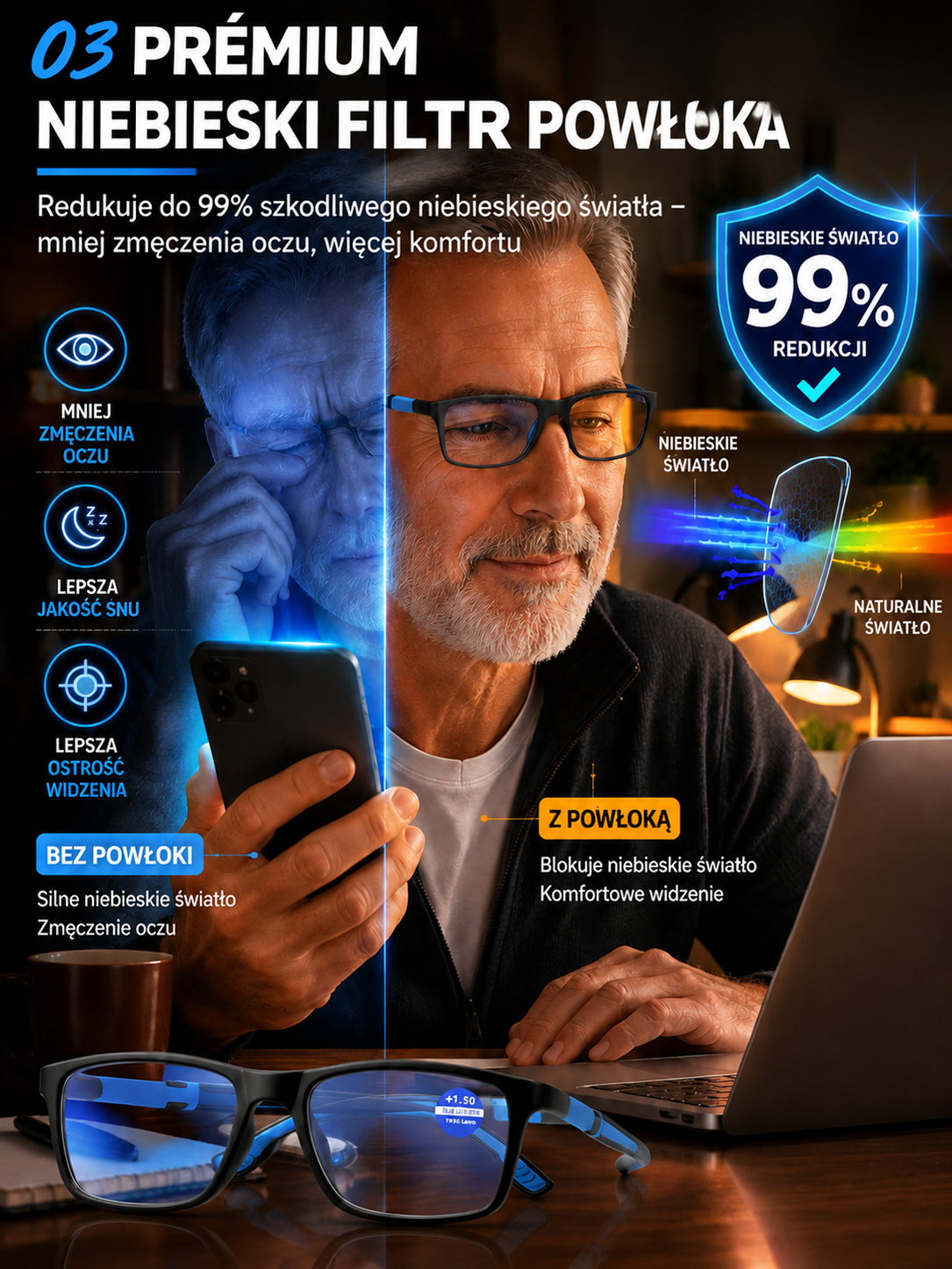 Inteligentne Okulary Progresywne 3w1 (Czytanie, Jazda, Ekran) - Nietłukące & Fotochromowe [-50% Wyprzedaż]