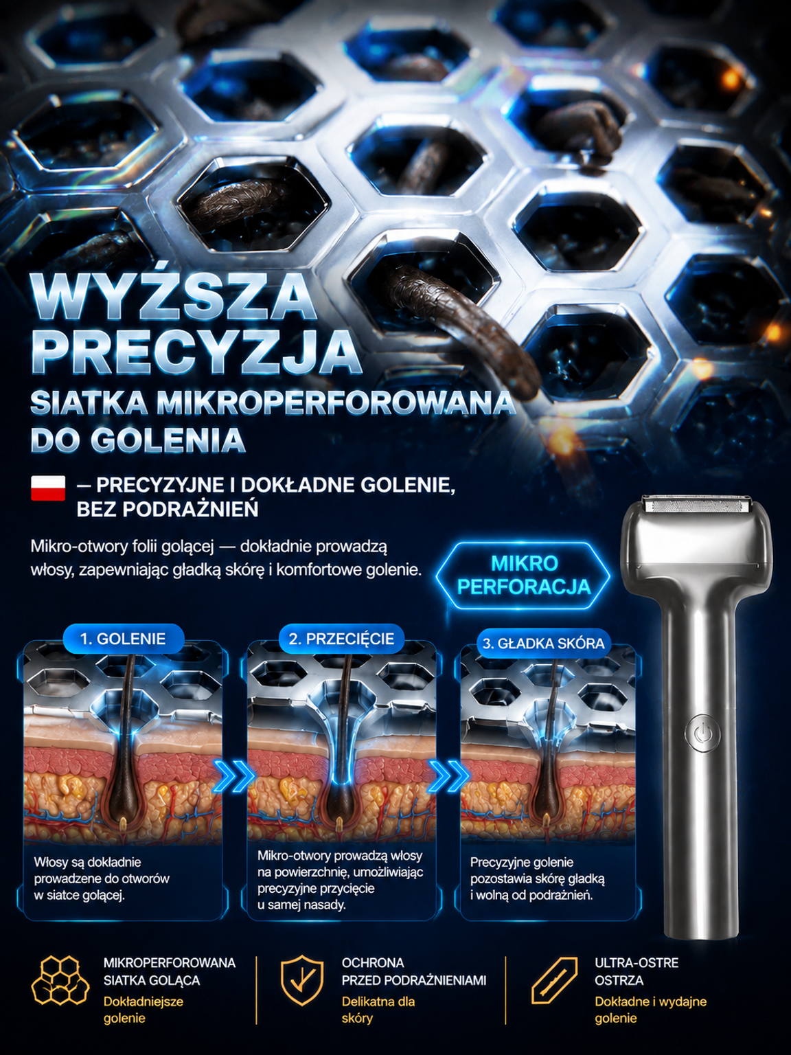 👍Wielofunkcyjna Golarka Foliowa 3w1 | Wodoodporna i Cicha | Gładka Skóra Bez Podrażnień