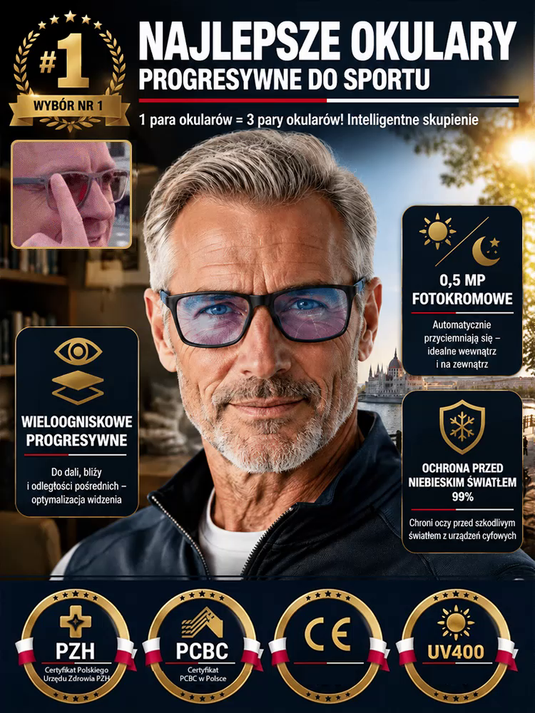 Inteligentne Okulary Progresywne 3w1 (Czytanie, Jazda, Ekran) - Nietłukące & Fotochromowe [-50% Wyprzedaż]