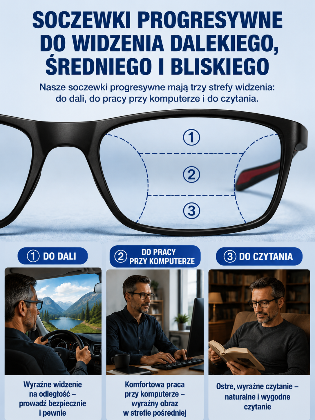 Inteligentne Okulary Progresywne 3w1 (Czytanie, Jazda, Ekran) - Nietłukące & Fotochromowe [-50% Wyprzedaż]