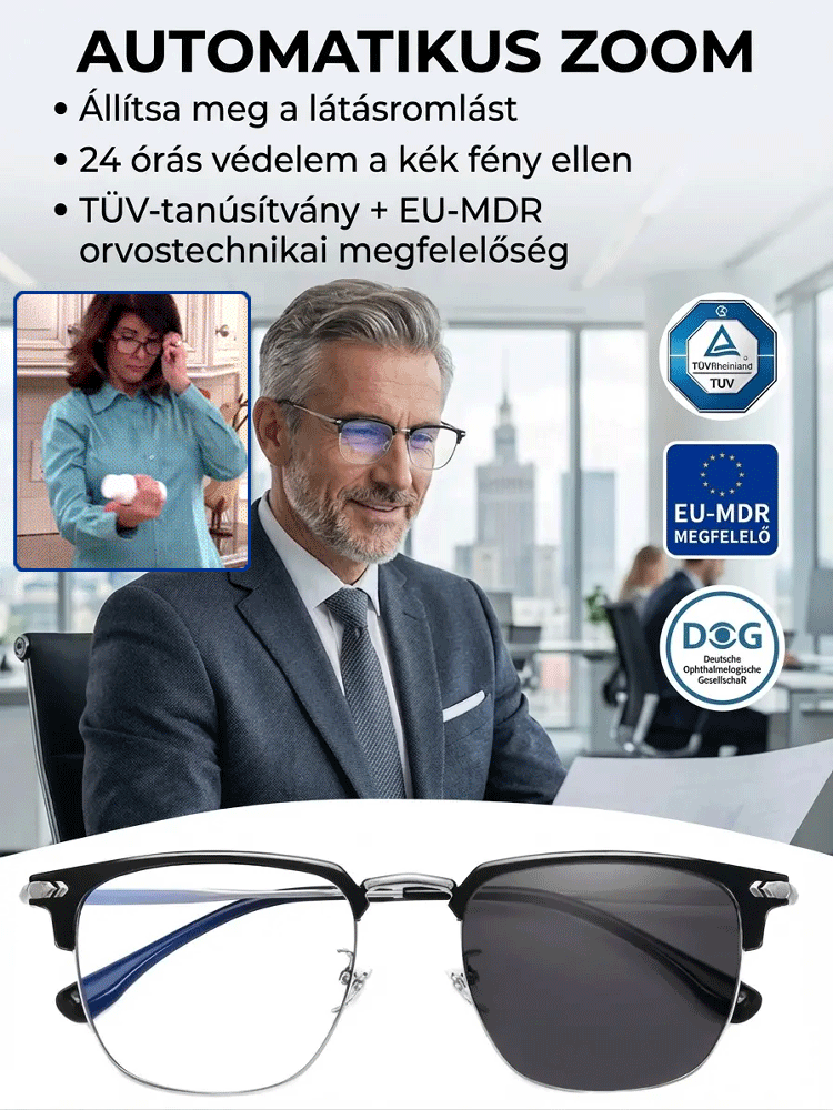 Autofókuszos, kék fényt szűrő olvasószemüveg