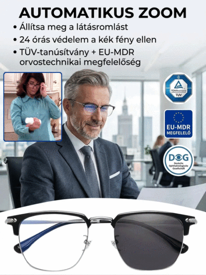 Autofókuszos, kék fényt szűrő olvasószemüveg