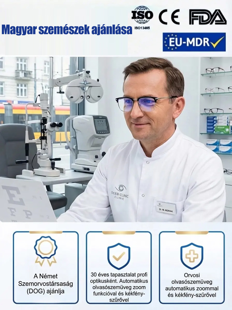 Autofókuszos, kék fényt szűrő olvasószemüveg