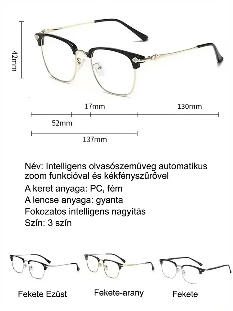Autofókuszos, kék fényt szűrő olvasószemüveg