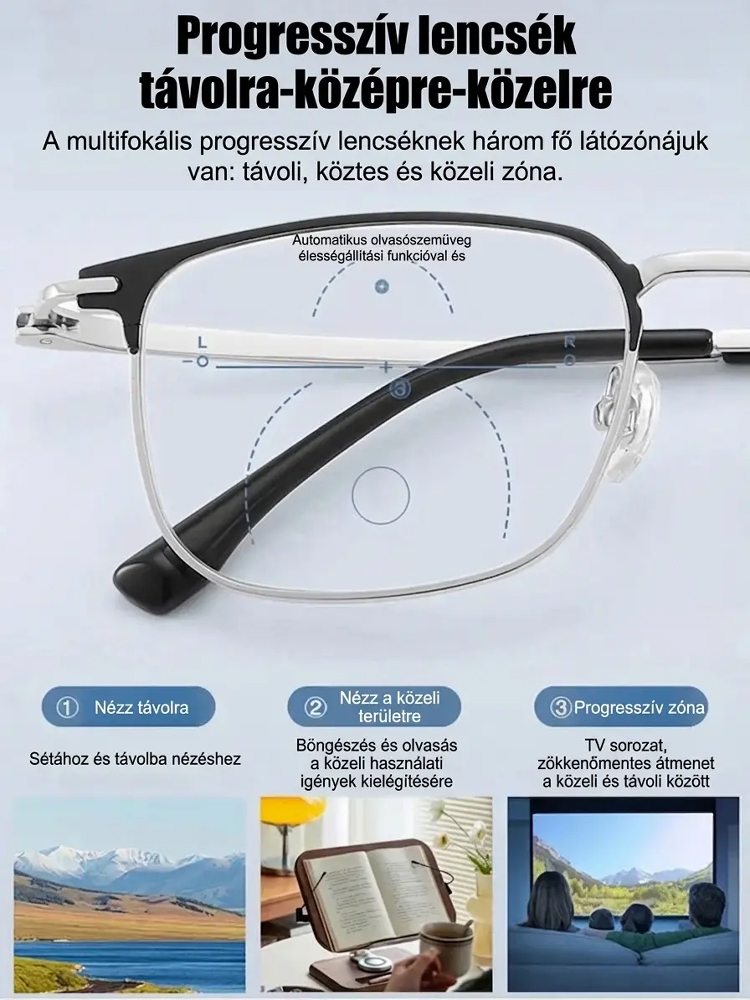 Autofókuszos, kék fényt szűrő olvasószemüveg