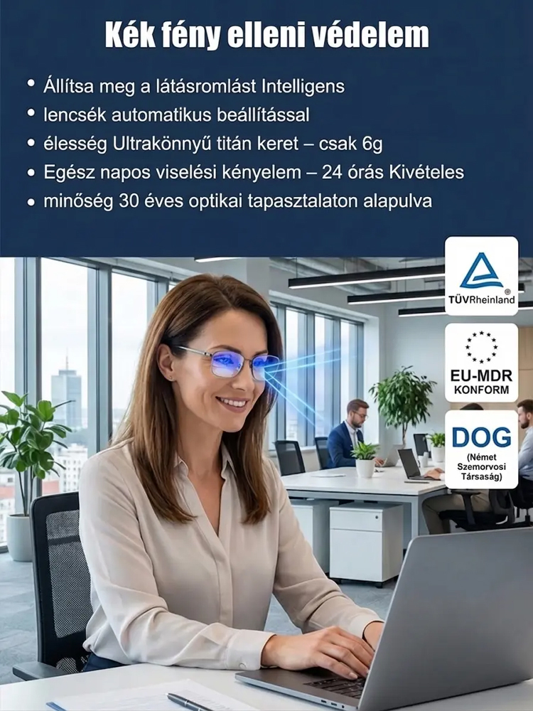 Autofókuszos, kék fényt szűrő olvasószemüveg