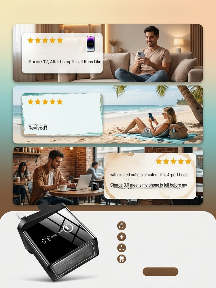 Four-Port Travel Charger for Extended Phone Battery Life