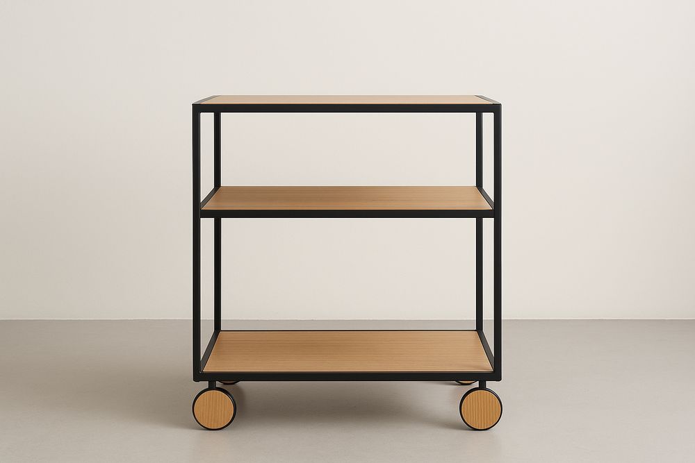 Étagère à roulettes en acier noir avec plateaux en bois-Albahaven