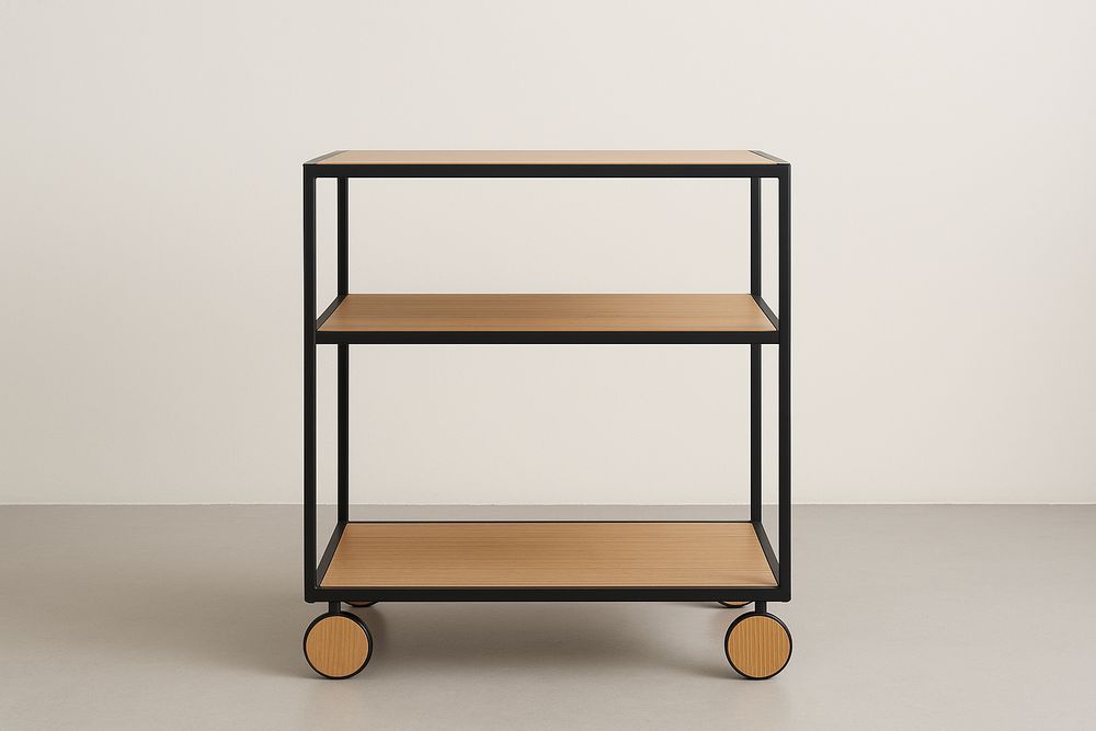 Étagère à roulettes en acier noir avec plateaux en bois-Albahaven