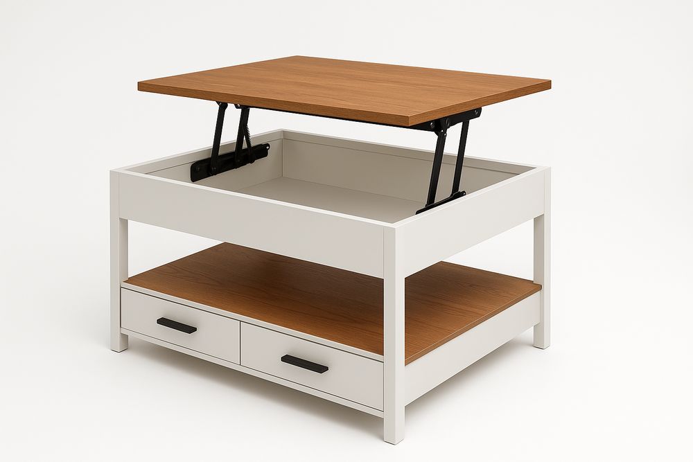 Table basse relevable en MDF blanc avec tiroirs 100x60x45 cm-Albahaven