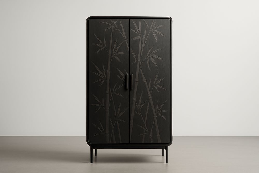 Armoire en bois massif noir avec motif bambou-Albahaven