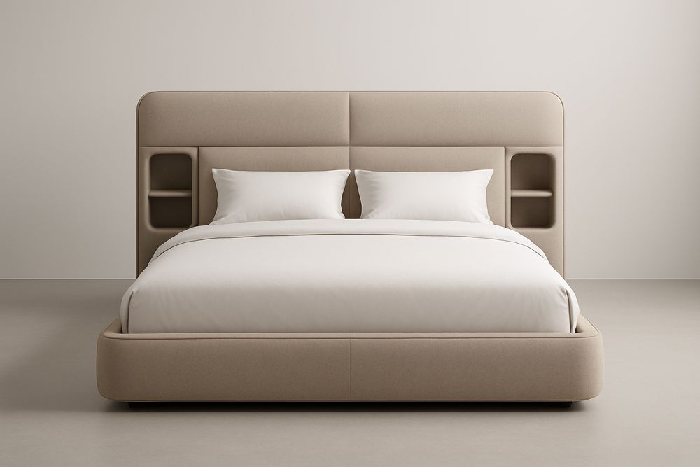 Lit double en tissu beige avec tête de lit à rangements  (Matelas, oreillers et couette non inclus )-Albahaven