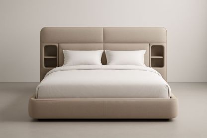 Lit double en tissu beige avec tête de lit à rangements  (Matelas, oreillers et couette non inclus )-Albahaven