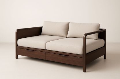 Canapé 2 places en bois massif avec rangement et tissu beige-Albahaven