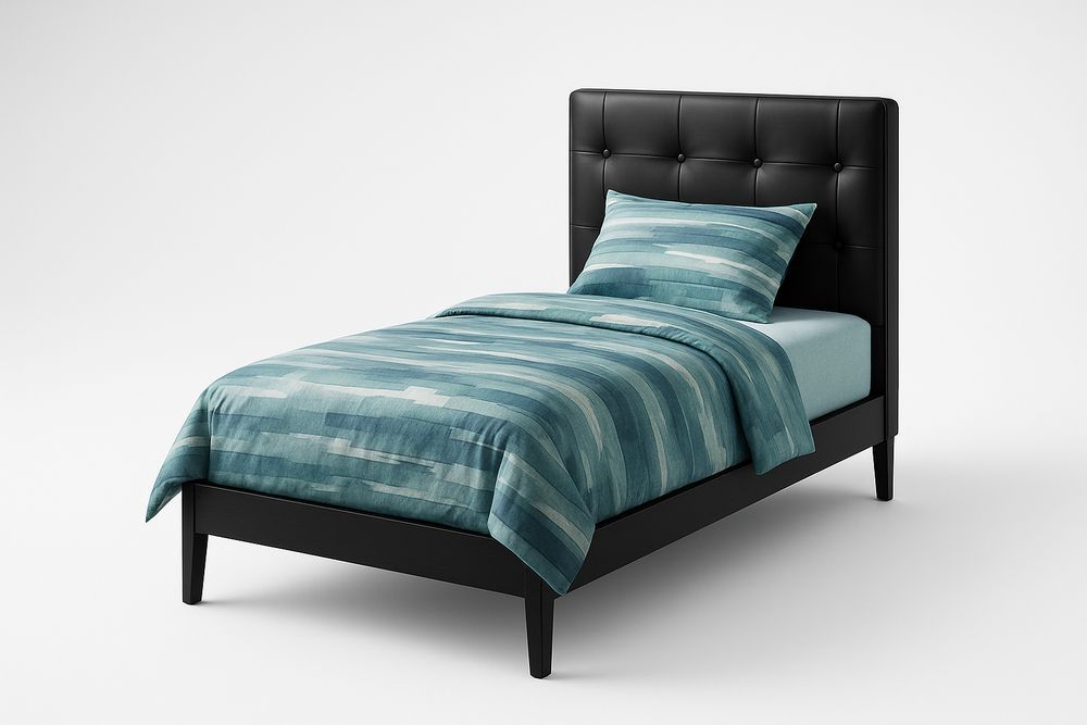 Lit simple en cuir synthétique noir avec literie rayée bleue-Albahaven