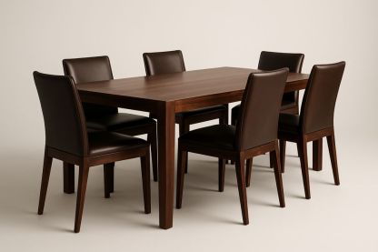 Table à manger en bois massif avec 6 chaises en similicuir marron-Albahaven